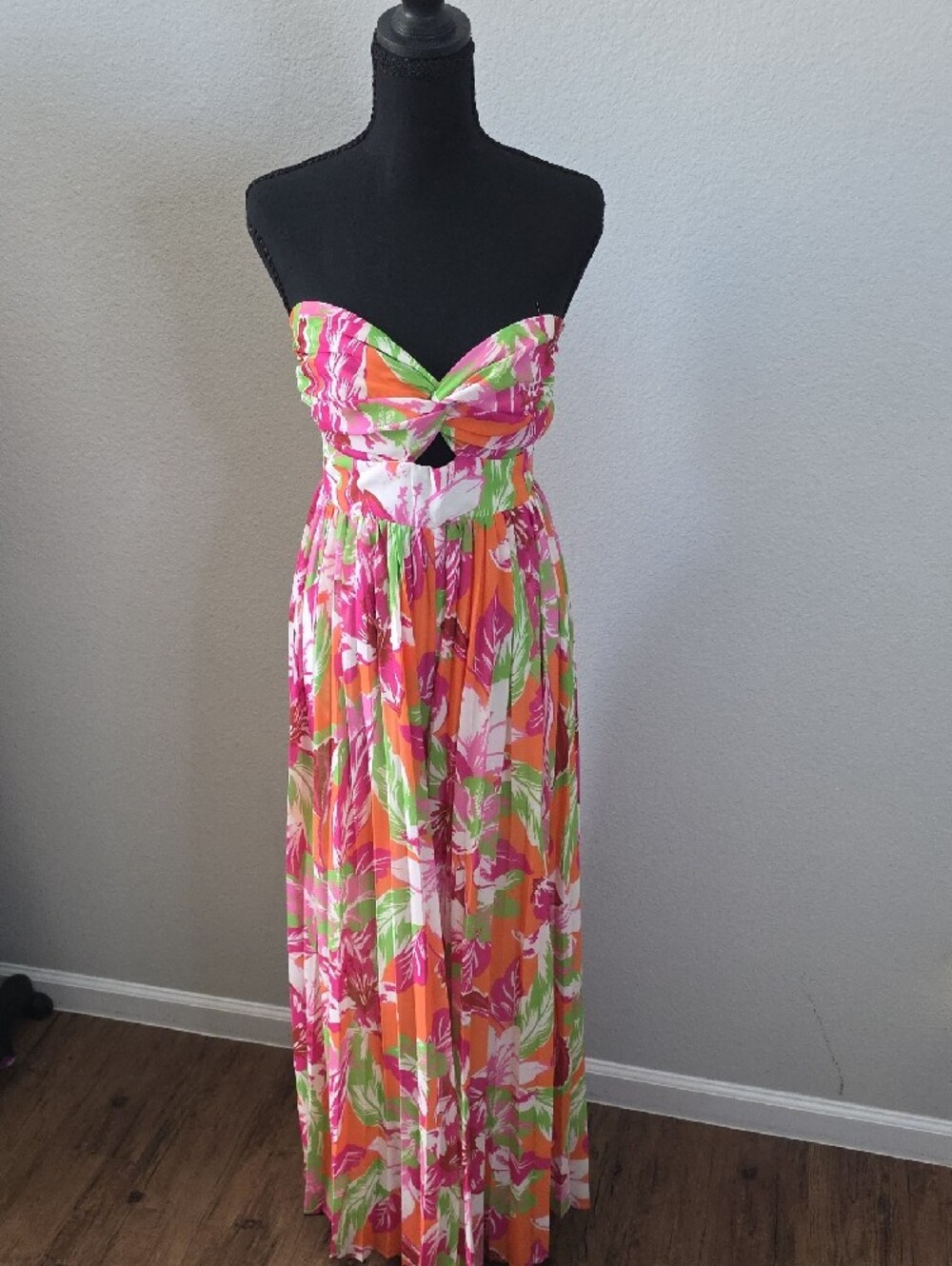 Strapless Tropical Print Jumpsuit - Pink, Orange & Green